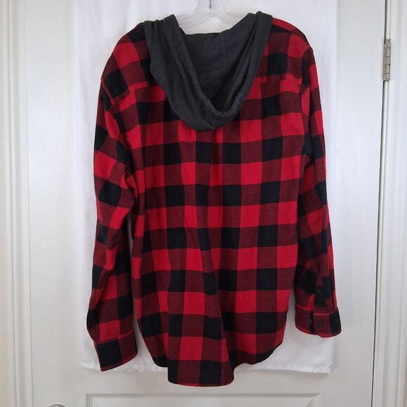 Eddie Bauer Hooded Flannel Shirt Men's XL Red Black Buffalo Plaid Work Wear - Picture 2 of 6